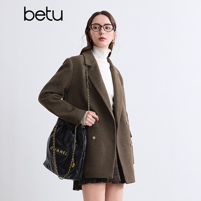 百图 女士冬季羊毛西装大衣女2410T24 咖啡色 M