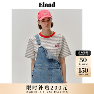 ELAND衣恋短袖T恤女圆领撞色条纹多巴胺甜美风上衣夏 中灰色(18)M/Grey XS/155