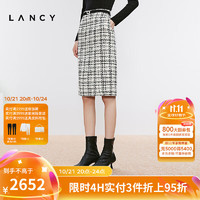 朗姿/LANCY24冬白色格纹粗花呢羊毛小香风半身裙高腰直筒裙女 本白色 S