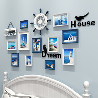 纪恒暄 儿童房装饰画男孩房间布置挂画北欧风格卧室床头挂件客厅走道壁画 蓝白色框+地中海（11框版）