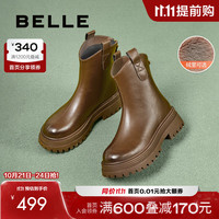 百丽（Belle）增高小V靴弹力靴女2024冬季户外徒步靴B9E1DDZ4 棕色-绒里 36