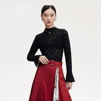 VERO MODA 24早秋新款镂空钩花半高领修身喇叭袖打底衫优雅