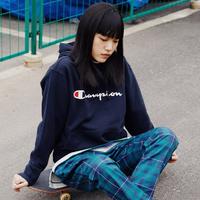 Champion 秋冬情侣连帽卫衣草字印花长袖加绒帽衫男女同款