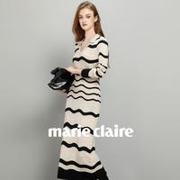 限尺码：Marie Claire 嘉人 针织条纹长袖连衣裙女秋冬2024新款气质显瘦高级感毛衣长裙子