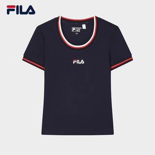 FILA 斐乐 官方女子针织短袖衫2024秋新款时尚简约休闲修身U领T恤