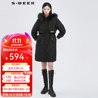 S.DEER 圣迪奥 sdeer圣迪奥冬季连帽长袖女装休闲时尚毛领收腰拉链字母胶印长款羽绒服