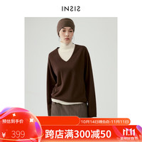 INSISFEMME 24秋北欧文艺风全羊毛秋季新款V领叠穿自然卷边针织上衣女 马德里棕 M