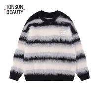 百亿补贴：TONSON BEAUTY 美式条纹撞色毛衣秋冬新款宽松仿水貂绒上衣针织衫