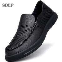 SDEP 男鞋夏季商务休闲镂空皮鞋头层牛皮透气柔软舒适男凉鞋 黑色 38