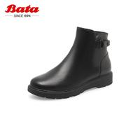 Bata 拔佳 英伦风切尔西靴女牛皮平软底保暖短筒靴子通勤鞋