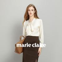 Marie Claire 嘉人 缎面飘带衬衫女春秋冬长袖高级感衬衣气质2024新款蝴蝶结上衣