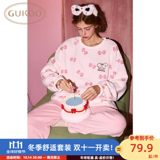 果壳（Gukoo）睡衣女秋冬季款卡通圆领套头薄绒款保暖套装家居服 天堂粉2 M 