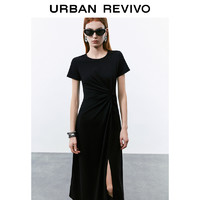 URBAN REVIVO UR2024秋季新款女装简约气质修身扭褶圆领短袖连衣裙UWM740004