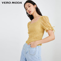 VERO MODA 奥莱早春清仓方领法式短袖弹力蕾丝松紧短款T恤上衣女