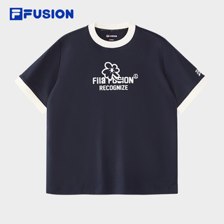 FILA 斐乐 FUSION斐乐潮牌女子针织短袖衫2024秋季新款时尚拼色纯棉T恤