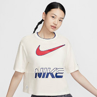 NIKE 耐克 短袖女24夏新款宽松休闲大勾印花拼接短款纯棉T恤HF6291-133