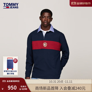 TOMMY JEANS 24秋冬男装纯棉美式徽章刺绣撞色宽松长袖POLO衫19620 藏青蓝红拼色C1G XS