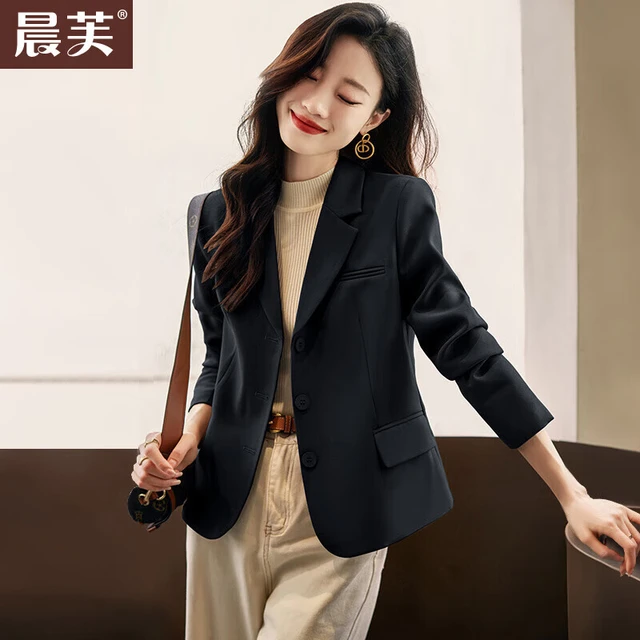晨芙休闲小西装外套女春秋时尚英伦风正装显瘦小个子短款气质西服上衣 黑色常规【三粒扣】 L（100-110斤）