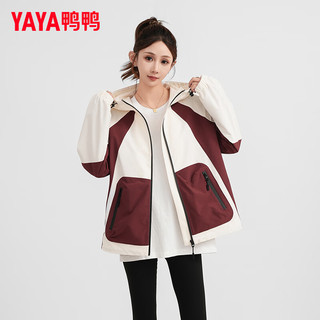 YAYA 鸭鸭羽绒服 鸭鸭（YAYA）外套女2024秋季女装时尚拼色休闲运动连帽宽松短外套女上衣 酒红色 M