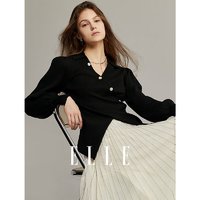 ELLE 她 复古黑色V领套头长袖毛衣女2024春季新款宽松显瘦毛针织衫 黑色