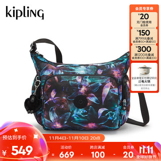 kipling 凯普林 女2024秋冬新中性风斜挎百纳牛角包|GABB系列 黑底光影兰花印花