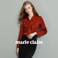 Marie Claire 嘉人 缎面飘带衬衫女2024春秋冬新款长袖高级感衬衣气质蝴蝶结上衣