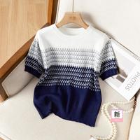【冰丝圆领短袖T恤】2024夏装新女士条纹针织套头衫有大码