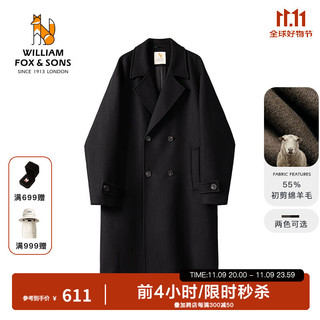 William fox&sons 新复古回潮850G重磅初剪精梳羊毛呢合体版双排扣中长款羊毛呢大衣 黑色