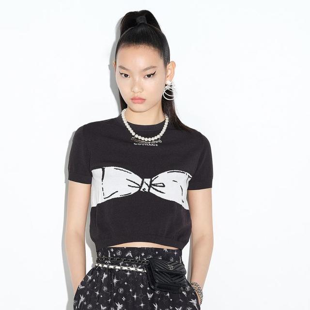 限尺码：d'zzit 地素 夏秋专柜复古简约印花拼接短款短袖针织衫女（尺码偏小）