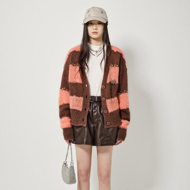 d'zzit 地素 条纹开衫春秋季复古可拆卸胸针设计V领上衣女