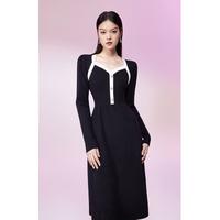 春秋 镶边饰扣心形领收腰毛织连衣裙