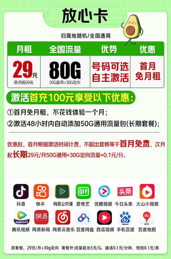 CHINA TELECOM 中国电信 放心卡 29元/月（80G不限速+可选号+畅享5G+自主激活+长期套餐）激活后赠20元现金红包