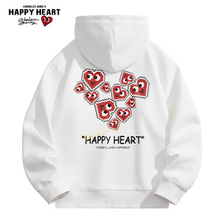 查尔斯桃心 CHARLES JANG'S HAPPY HEART 秋季宽松百搭潮流像素爱心Logo印花休闲连帽套头卫衣男女同款 白色（） 2XL