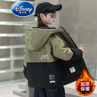 Disney 迪士尼 品牌童装男童加绒外套秋冬款加厚儿童保暖派克服男孩冬季外穿衣服 军绿色 160cm