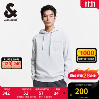 杰克琼斯 杰克·琼斯（JACK&JONES）男装衣服秋冬钢印图案抽绳保暖连帽卫衣男潮流加绒套头帽衫厚款 雨云灰 常规 185/104A/XL