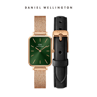 Daniel Wellington QUADRO系列 女士手表 Quadro Watch 20X26+Straps 玫瑰金绿盘+黑色皮质表带