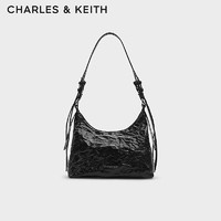 CHARLES & KEITH CHARLES&KEITH24夏褶皱油蜡皮手提单肩腋下包女CK2-40271360 Noir黑色 M