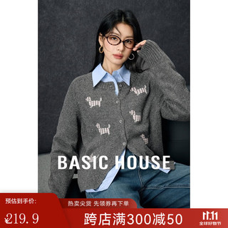 Basic House/百家好小狗刺绣毛衣秋冬减龄绵羊毛圆领开衫外套 深雾灰 M 85-105斤