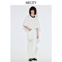 MECITY 男士夏季新款破洞白色潮流休闲宽松直筒牛仔裤男557315