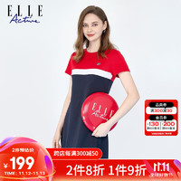 ELLE Active 时尚活力撞色连衣裙2023夏季新款百搭圆领短袖透气休闲A字运动裙 藏青/红色 L