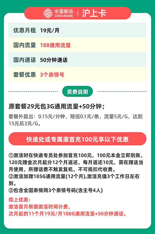 China Mobile 中国移动 沪上卡 首年19元月租（自动返费+188G通用流量+50分钟通话+送3个亲情号）激活送20元现金红包