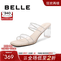 BeLLE 百丽 时尚一字拖女2024夏季高跟外穿水钻透明拖鞋B1974BT4 米白 37