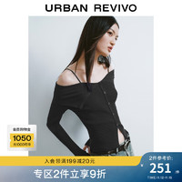 URBAN REVIVO UR2024秋季女设计感翻领一字肩露肩修身针织衫UWJ940033 正黑 M