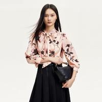 VERO MODA 衬衫女24早秋系带飘带V领七分袖印花满印新中式