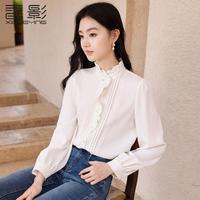 X.YING 香影 2024女雪纺衫高级感长袖衬衣木耳边领宫廷风法式上衣