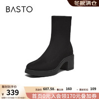 BASTO 百思图 2024冬季时尚简约弹力靴粗跟女短靴A3290DD4 黑色 35