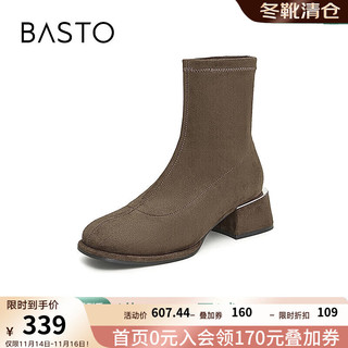 BASTO 百思图 2024冬季时尚潮流弹力靴粗跟女短靴E0283DD4 卡其色 40