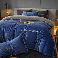 Mian 眠度 A类高端牛奶绒四件套床上冬季珊瑚绒法兰绒床单被套床笠加绒双面 宾利兰+摩登灰 1.5m床单四件套【被套2