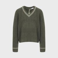 女式V领时尚拼色宽松露背毛衣
