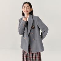 简约翻驳领毛呢大衣学院风浅灰色精致中长款外套